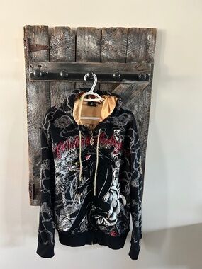 Men's Christian Audigier Full Zipper Hoodie w/Black Panther, Skulls & Gens